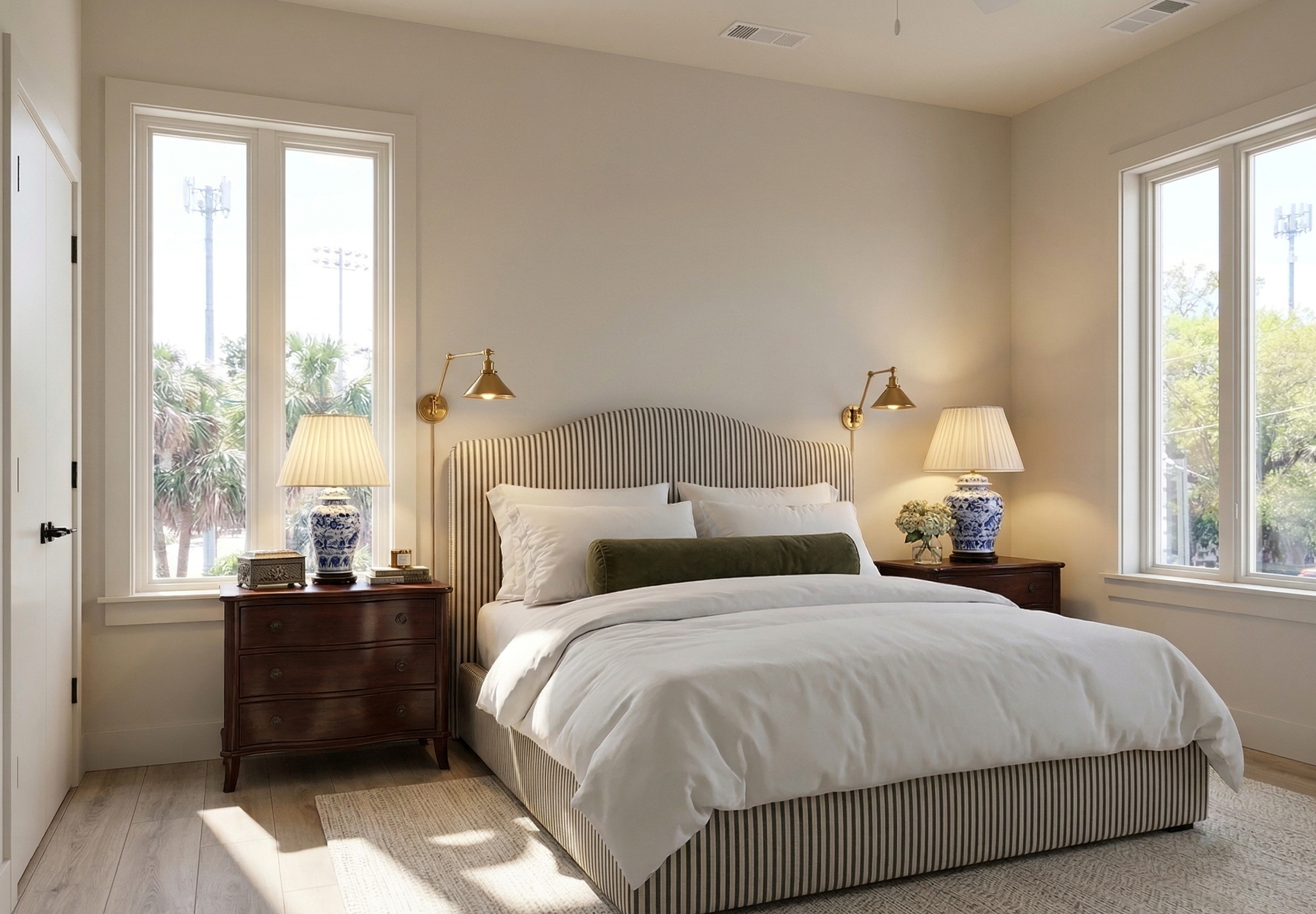 A bedroom with a bed, nightstands, and lamps, with large windows showing trees outside.