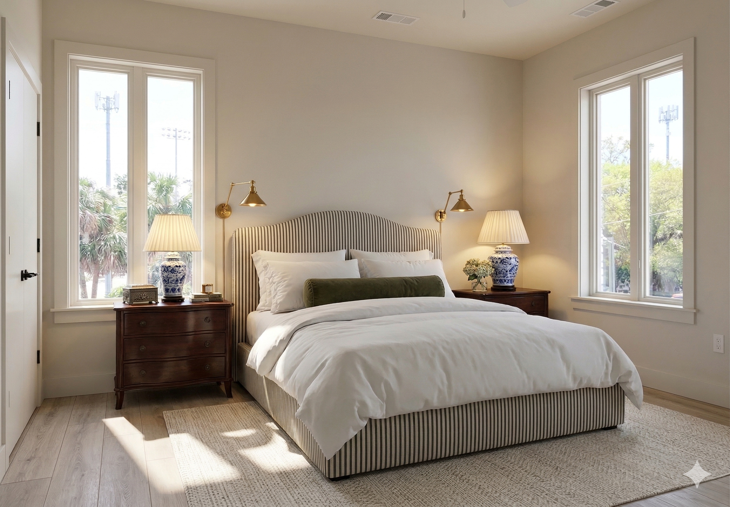 A cozy bedroom with a striped upholstered bed, white bedding, and green accent pillow. Two wooden nightstands with blue and white porcelain lamps and decorative items flank the bed. Large windows reveal greenery and palm trees outside. The room has a neutral color palette and natural light.