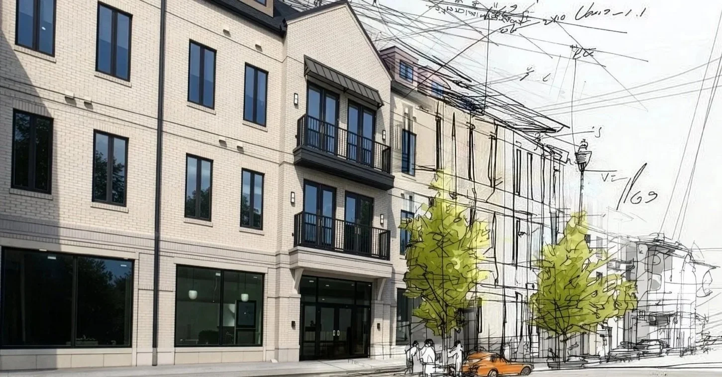 A photorealistic rendering of a city street scene merging with a sketch. The left side shows a modern white brick building with large windows and small balconies, while the right side depicts a rough architectural sketch of the same scene with street trees, people, and a car.