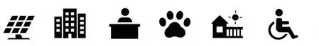 Series of icons: satellite dish, office building, person, paw print, factory, wheelchair icon.
