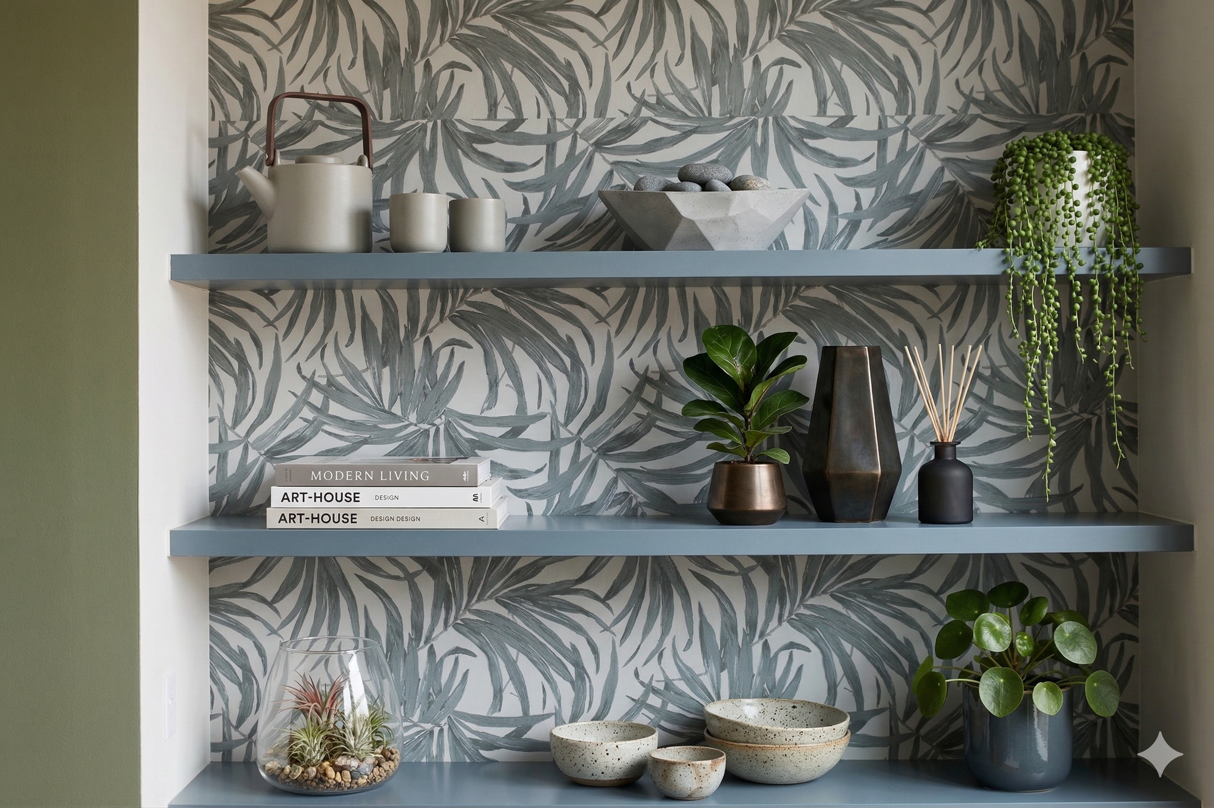 Decorative shelves against a leaf-patterned wallpaper with various vases, plants, books, bowls, and a teapot.
