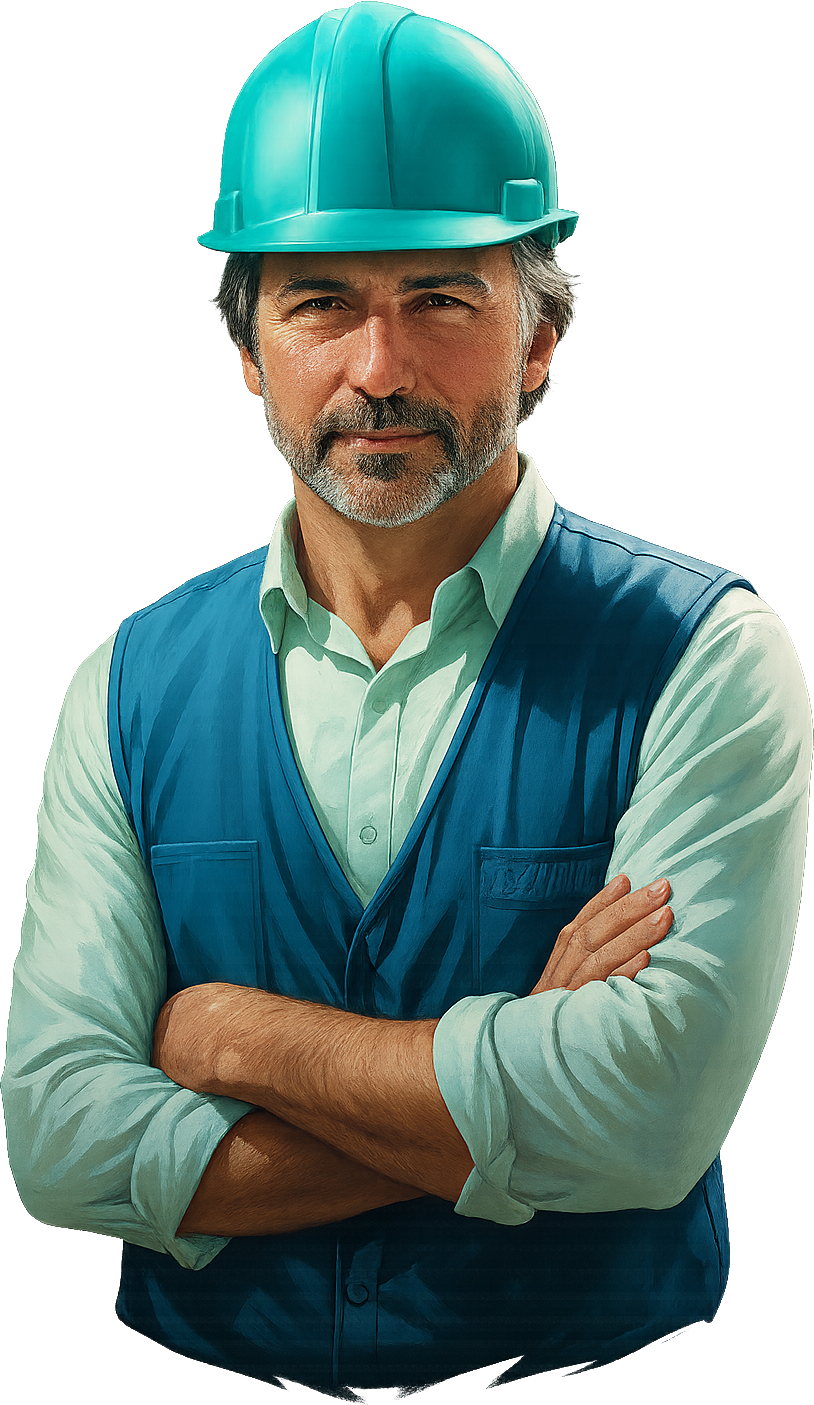 A man with gray hair and beard wearing a blue safety helmet and blue vest over a light green shirt, with his arms crossed.