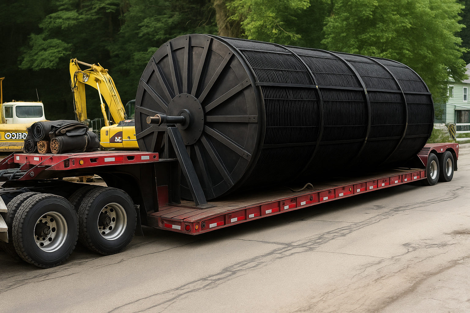 Flat bed truck with industrial sized water treatment equipment.