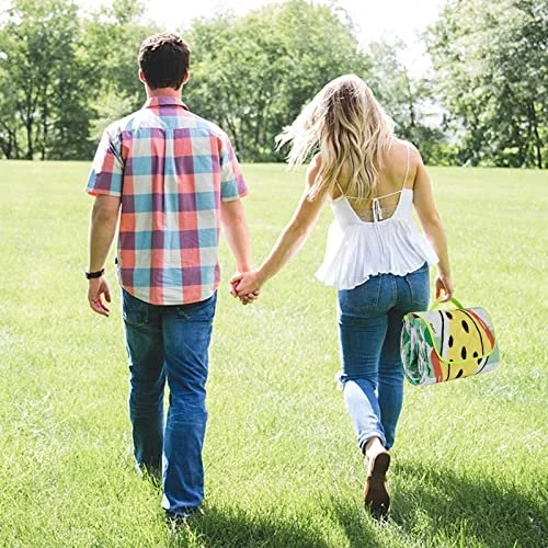 A young couple holding hands and walking in a grassy park on a sunny day, with the woman carrying a colorful lunch box.