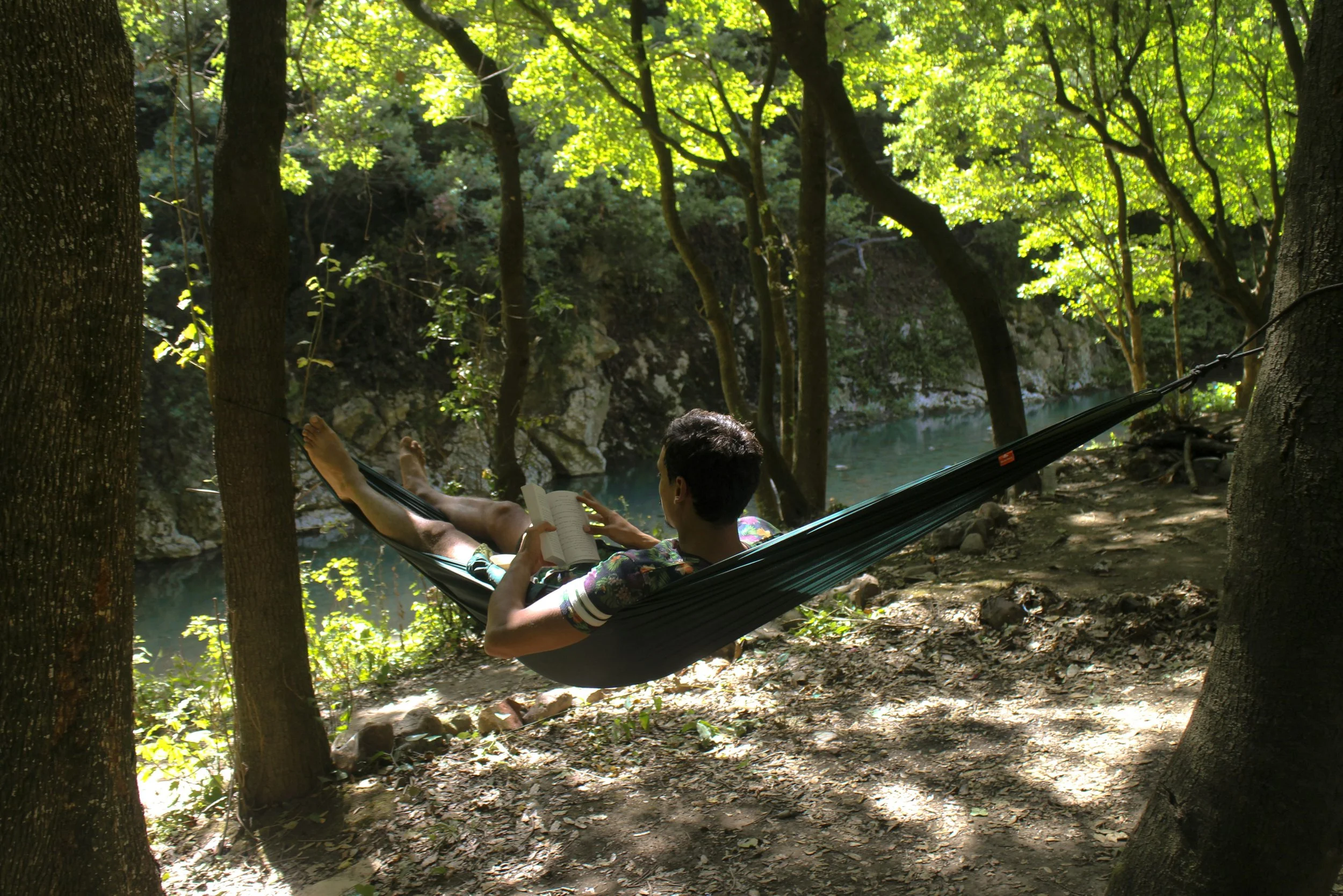A person lying in a hammock between two trees in a wooded area, reading a book.