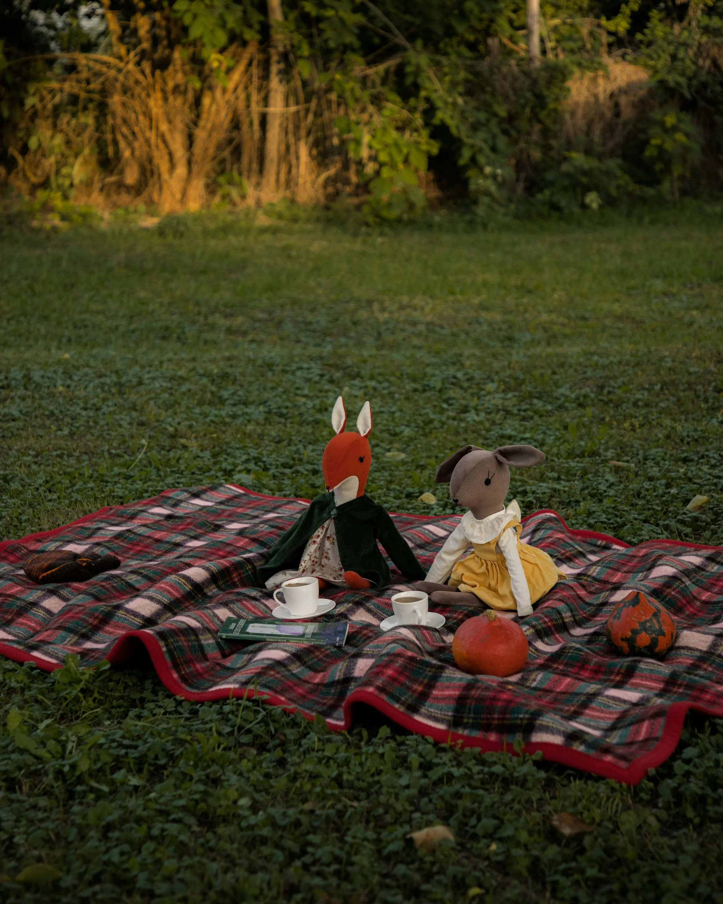 Two plush animal dolls, a rabbit and a fox, are sitting on a red plaid picnic blanket outdoors with pumpkins, cups of coffee, and a book, during sunset.