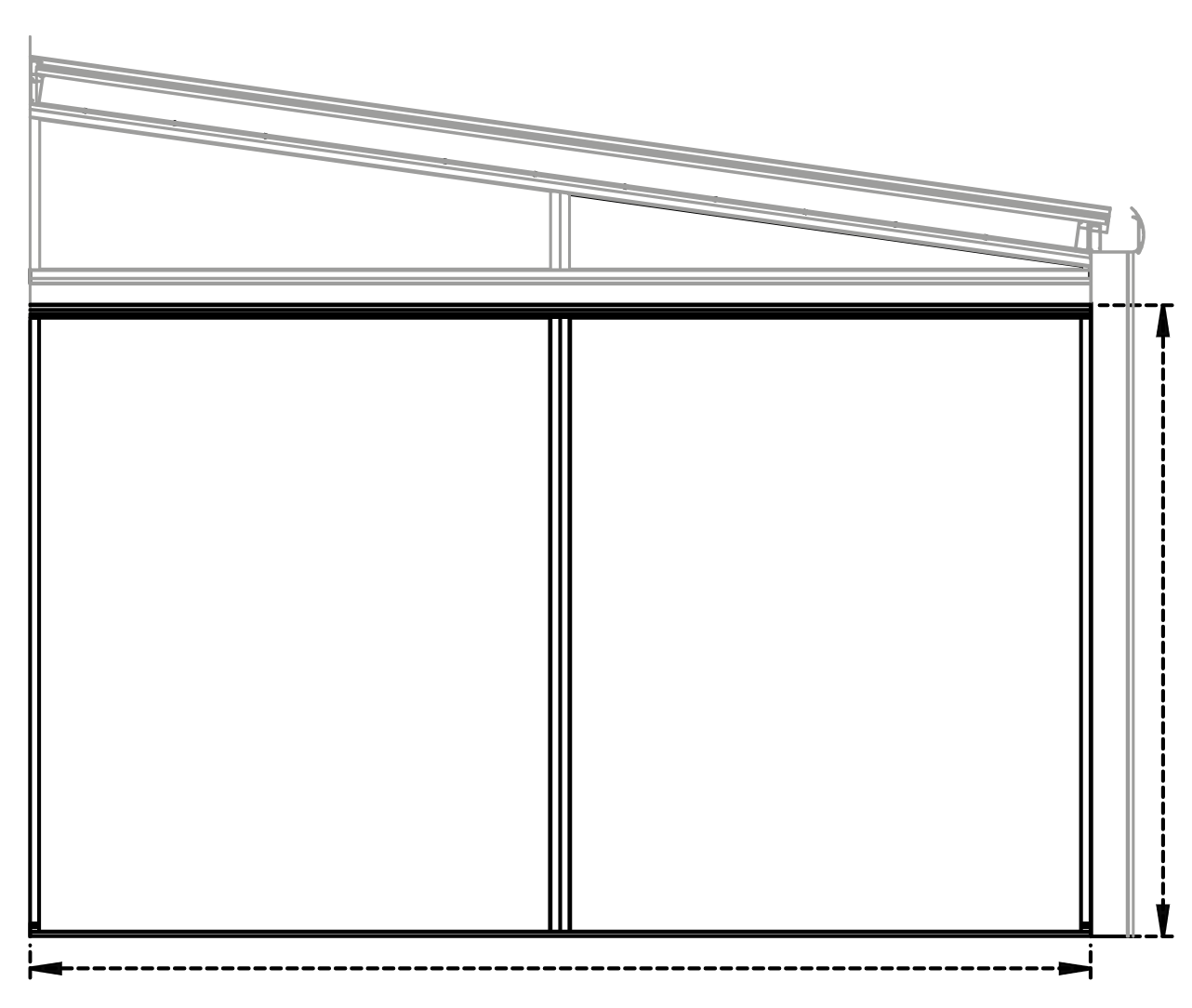 Schéma technique d'une structure avec une toiture inclinée, des lignes, des matériaux et des mesures indiquées.
