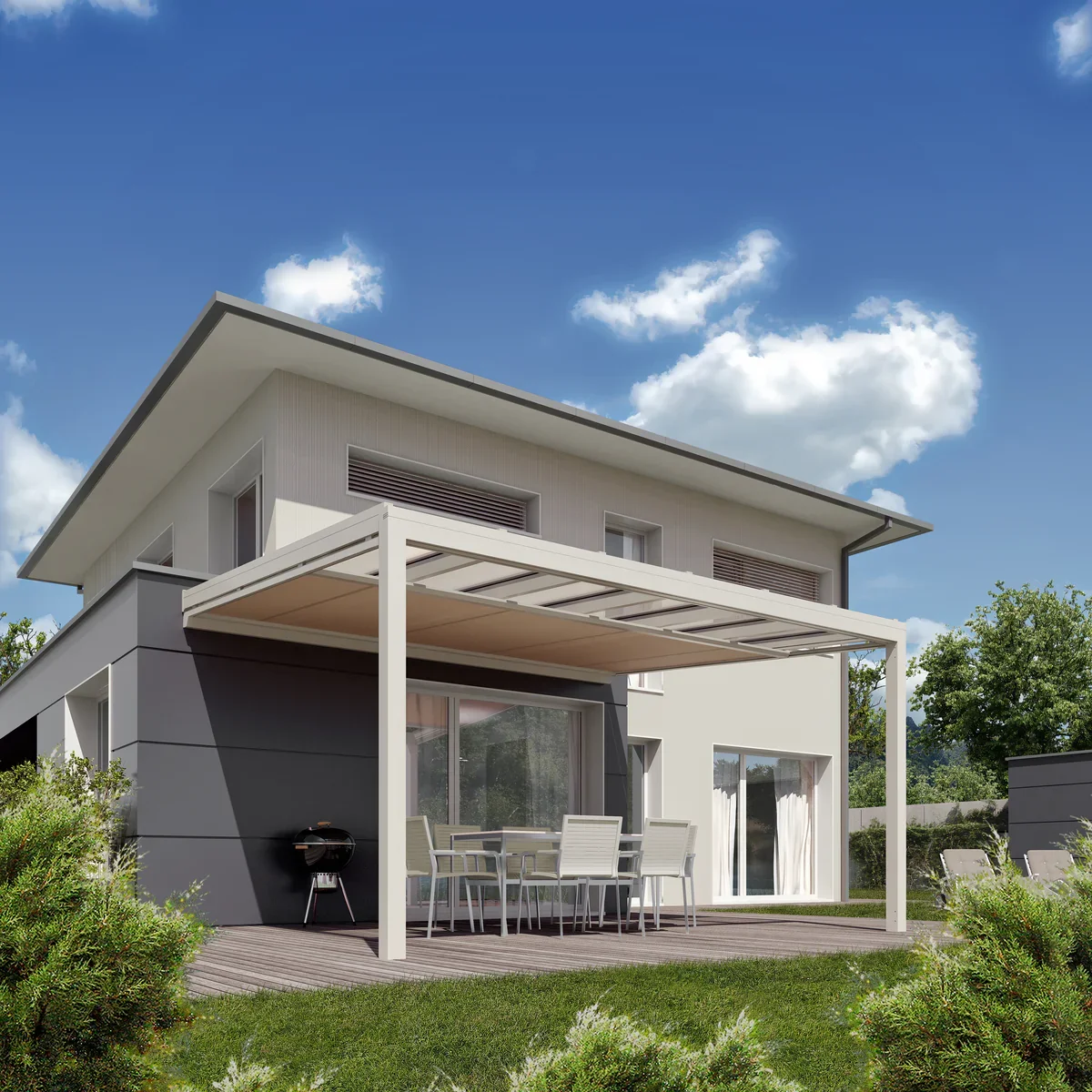 Maison moderne avec pergola, terrasse, mobilier de jardin et barbecue sous un ciel bleu avec quelques nuages.