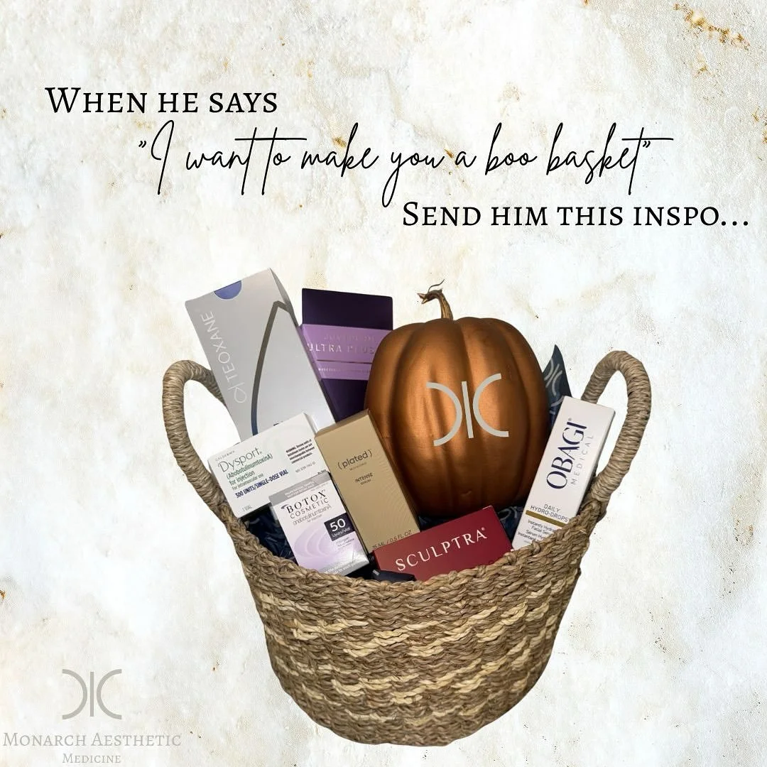 𝑶𝒖𝒓 𝒊𝒅𝒆𝒂𝒍 𝒃𝒐𝒐 𝒃𝒂𝒔𝒌𝒆𝒕 🤭🎃

👻 October Specials 👻

~100 Dysport/30 Boo-tox $339
~Microneedling w/ PRP $199
~Glow &amp; Ghost Facial $150 (diamond glow &amp; obagi peel)
~New! PDGF Under eyes $100 off
~$999 Mummy Makeover (2 Restylane
