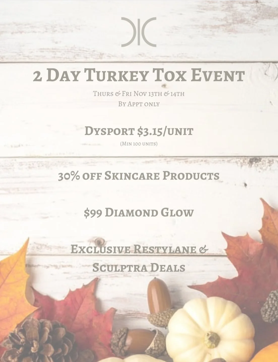 #november #specials are here! #rsvp for our annual #turkeytox #event ! #dysport only $3.15/unit, #skincareproducts 30%off, $99 #diamondglow and more! 2 days only! #dontmissout ! Plus our amazing #nov #deals go all month long! 
☎️6145452002
💻www.mona