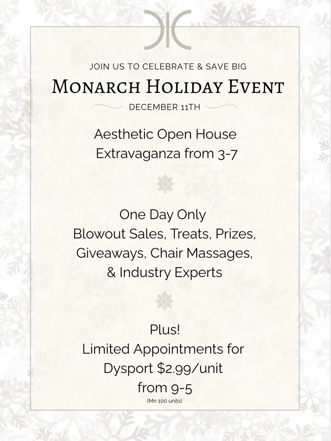 #holidays are here @monarchaestheticmedicine ! We have our annual #holidayevent #december 11th with $2.99 #dysport and #openhouse from 3-7 with our #bestdeals of the year! #dontmissout #rsvp ! Plus #deals on #tox #omnilux #latisse #microneedlingprp a