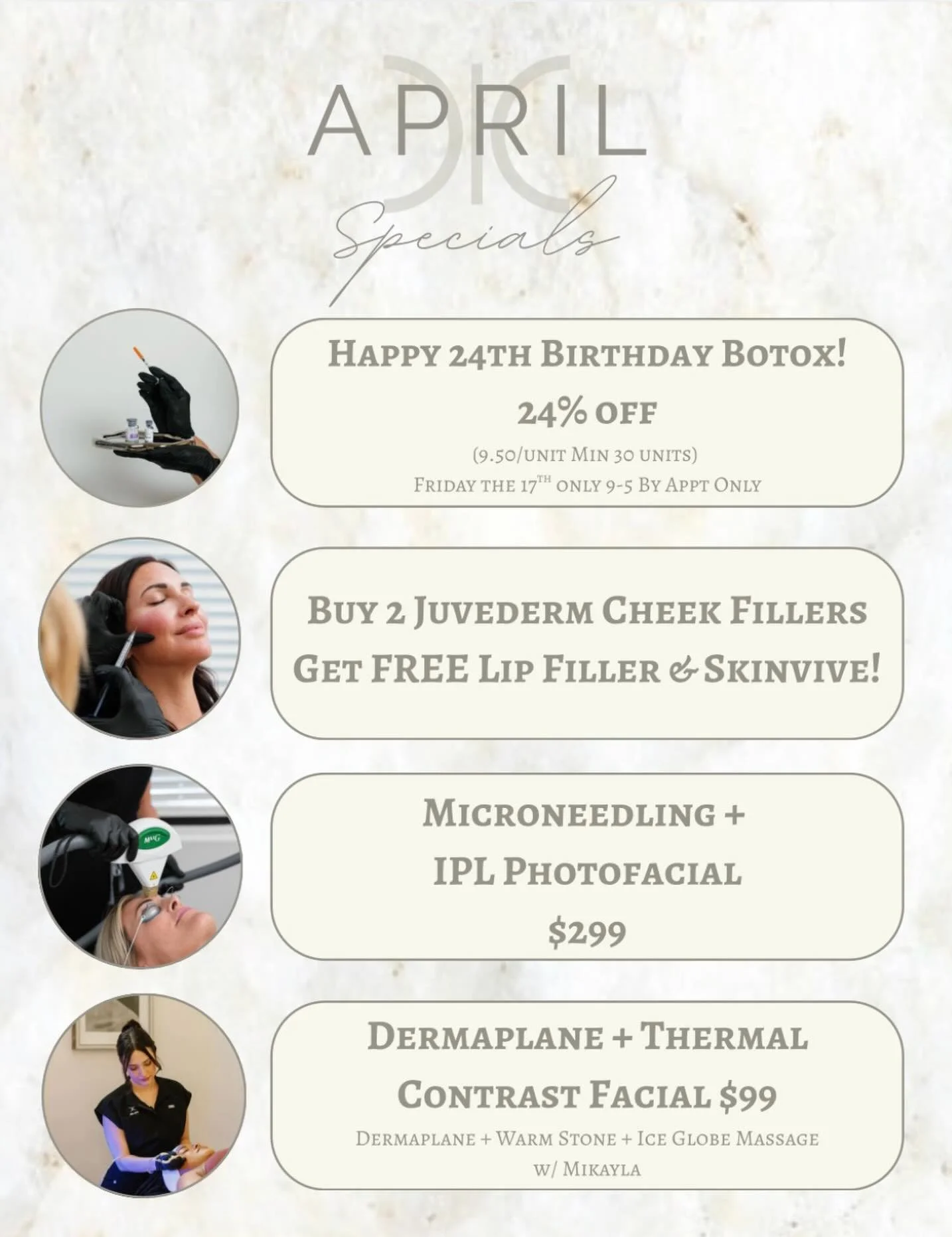 #april #specials are here! Don&rsquo;t miss out on our #botoxevent Friday the17th, and all these other amazing #deals ! #booknow 
☎️6145452002
💻www.monarch-aesthetic.com
