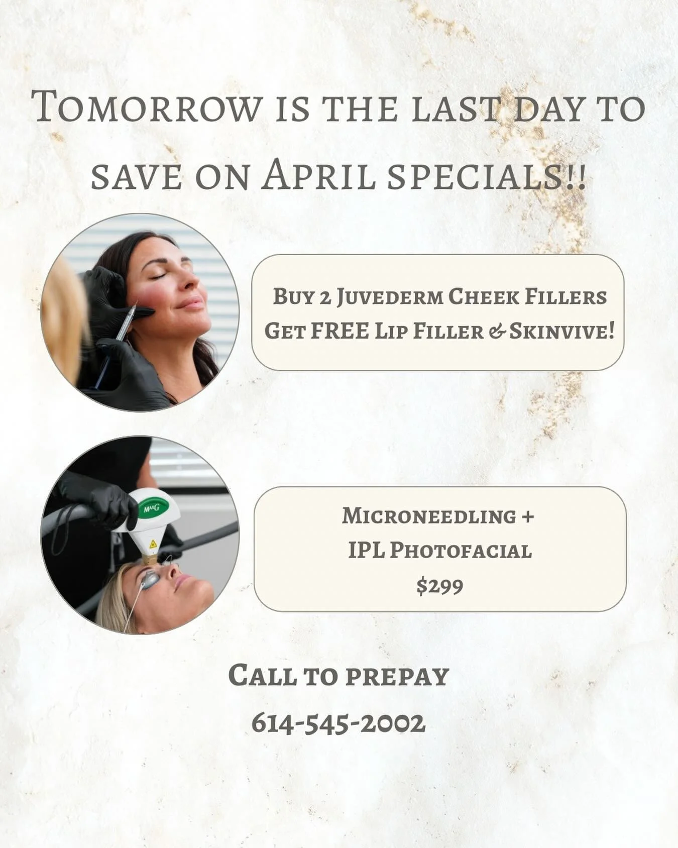 🌼🌸 May is almost here which means tomorrow is the last day to purchase April specials! 

&bull;Microneedle + IPL = $299

&bull;Buy 2 Juvederm cheek fillers and receive lip filler and skinvive FREE

☎️ 614-545-2002
💻 info@monarch-aesthetic.com

#sk