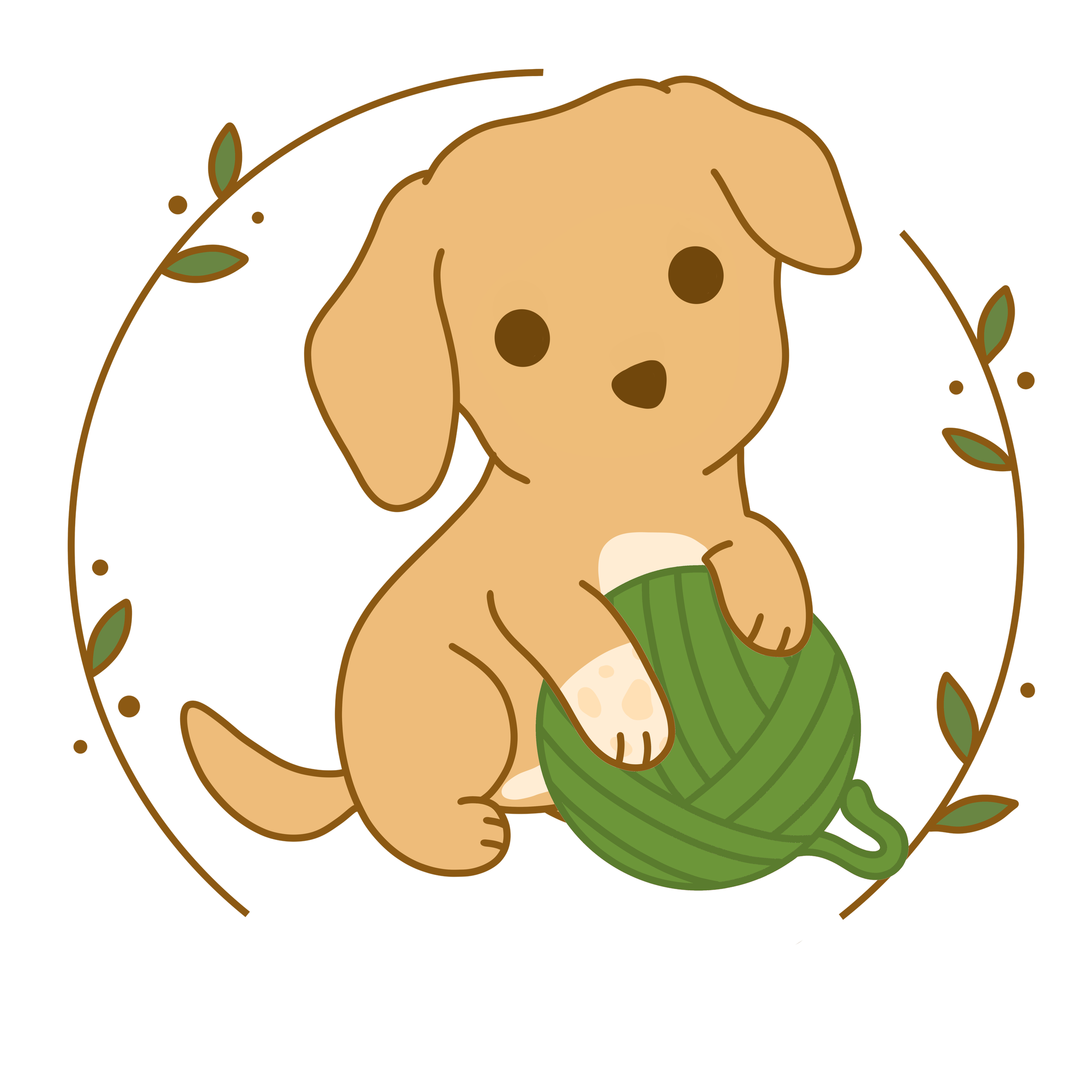 A cartoon illustration of a dog with floppy ears and big eyes, holding a green branch with leaves in its paws, sitting within a circular golden frame decorated with leaves and small dots.