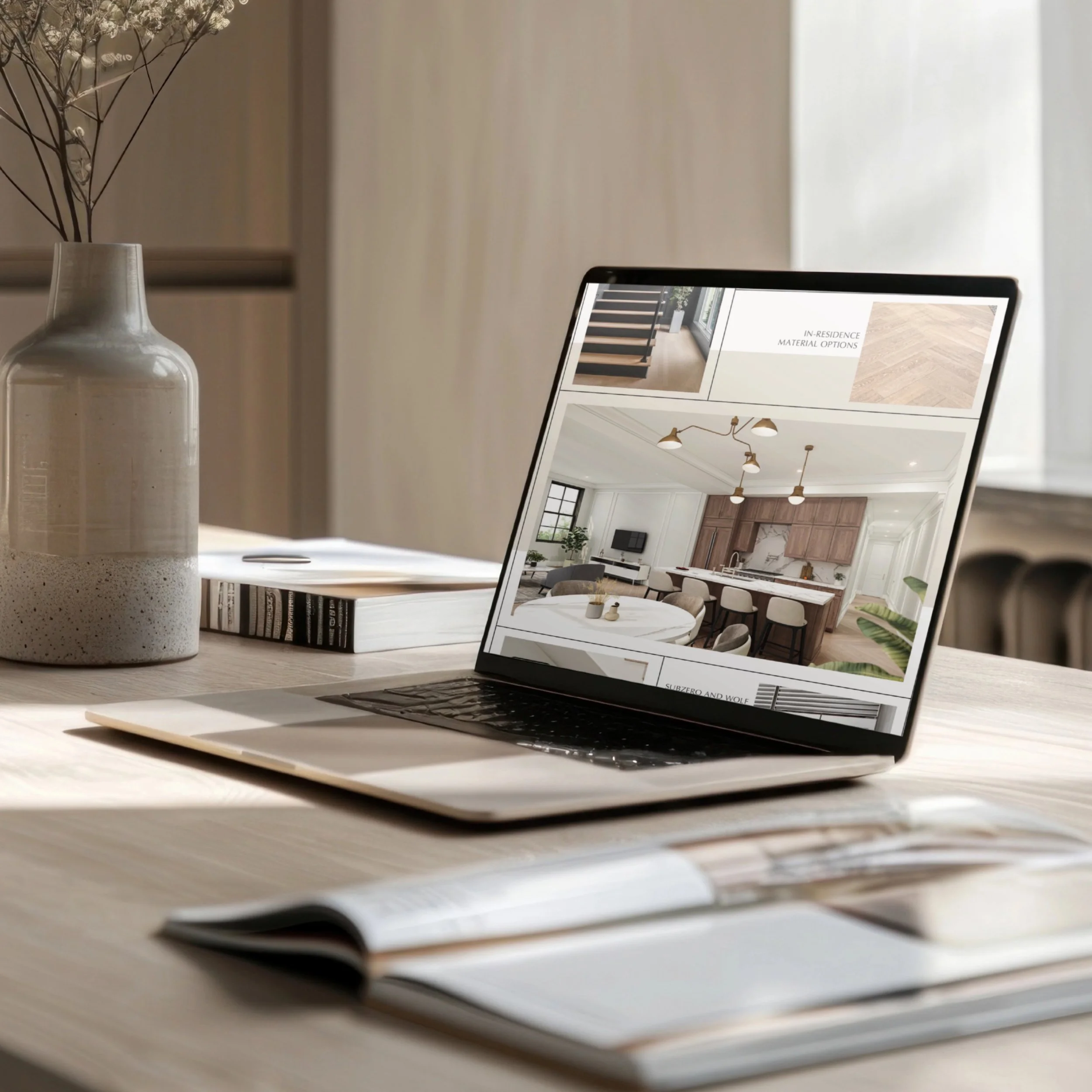 A close-up photo of a laptop displaying interior design images and material options, placed on a white desk with a white vase holding dried flowers nearby.