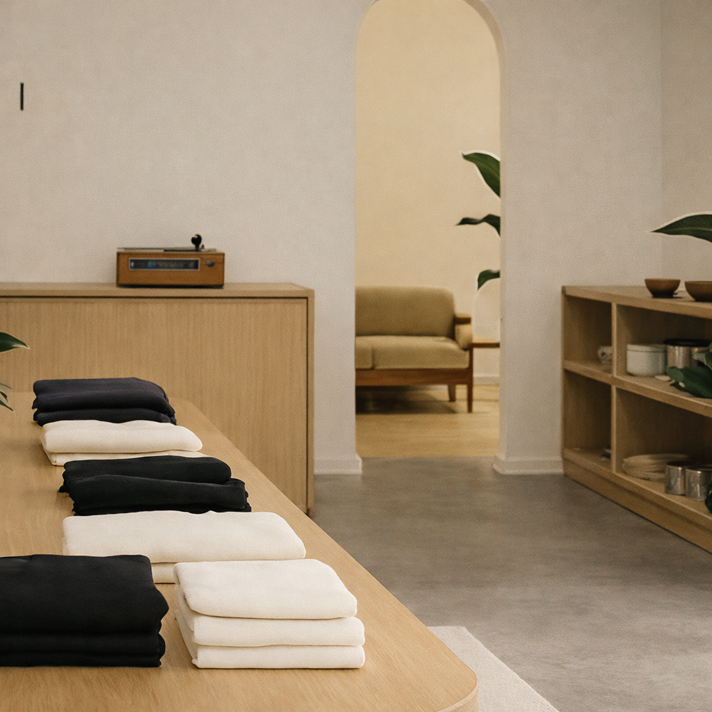 Modern and minimal retail store with Scandinavian and Mid Century Furniture, arched doorways, and a sophisticated color palette. Elevated presentation of clothing, home products, and furniture.