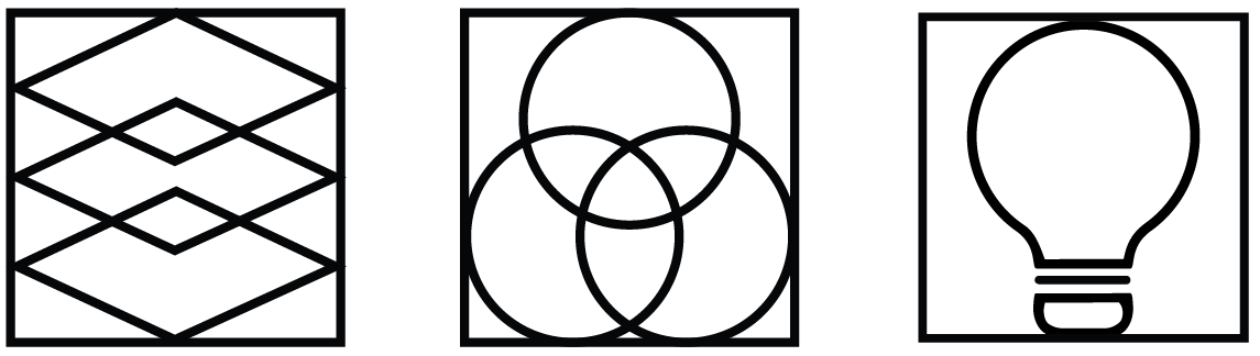 Three minimalist icons: a layered construction, three overlapping circles, and a test tube with liquid.