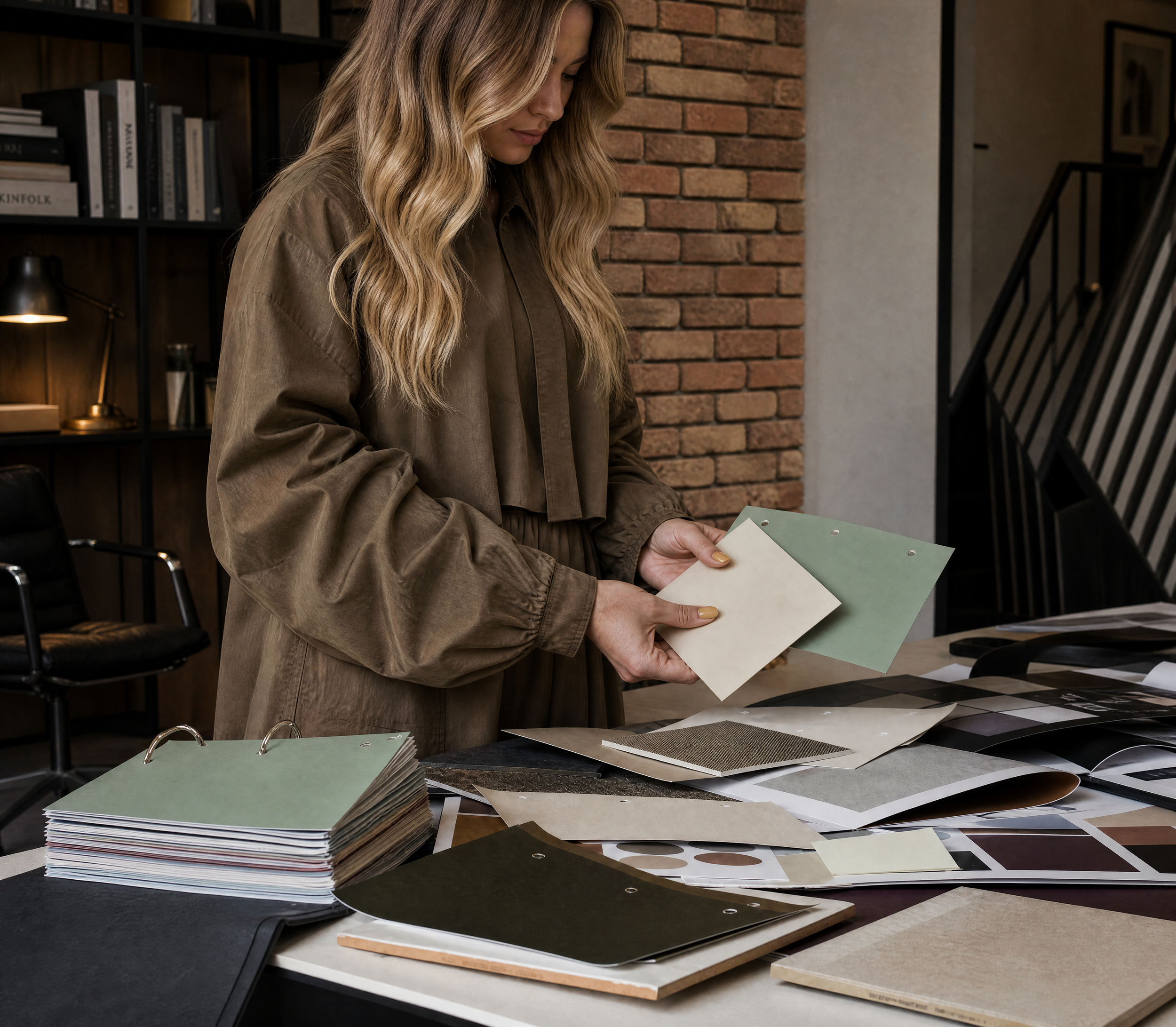 Woman examining color swatches and samples at a table with paint and material samples, in an interior space with brick wall and bookshelves.
