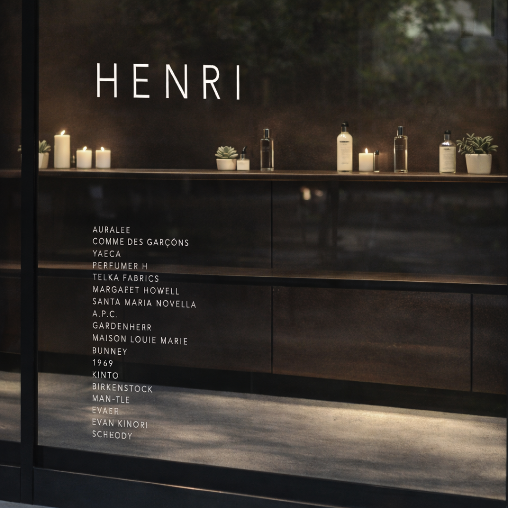 Storefront window with the name "HENRI" at the top. Inside, a shelf with lit candles, small potted plants, and various bottles. A list of brands and designers written in white text on the lower part of the window, including Auralee, Comme des Garçons, Yamaca, Perfumer H, Telka Fabrics, Margaet Howell, Santa Maria Novella, A.P.C., Gardenherr, Maison Louie Marie, Bunney, 1969, Kinto, Birkenstock, Man-Tle, Eva F, Evan Kinori, and Schedy.