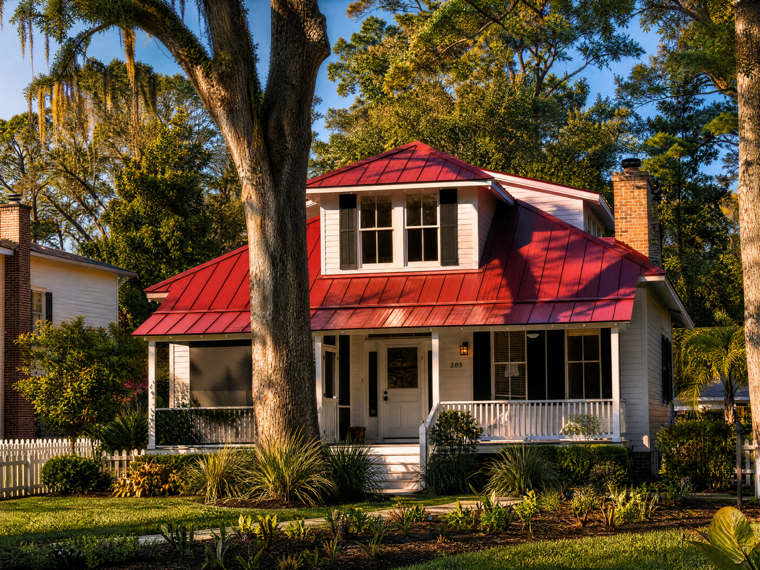 A fully restored costal craftsmen with bright red tin roof, on the isle of hope in savannah Georgia.