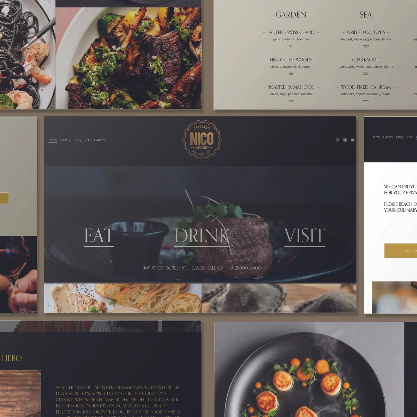 Display of restaurant website featuring a menu with dishes from garden and sea, including grilled octopus and duck confit, and images of gourmet dishes such as roasted Romanesco and a plated dessert with small round treats.