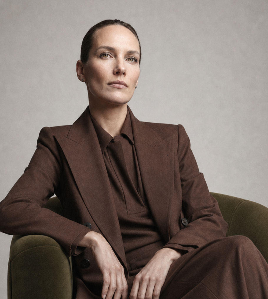 A sleek and beautiful woman sitting confidently on a green chair, wearing a Isley Miyake suit, with a confident facial expression and a plain gray background.