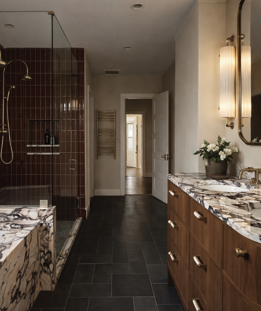 Restored Historic Park Slope Bathroom, with Calcutta marble, glossy glazed vertical subway tile, Brizo faucets, and architectural digest styling.