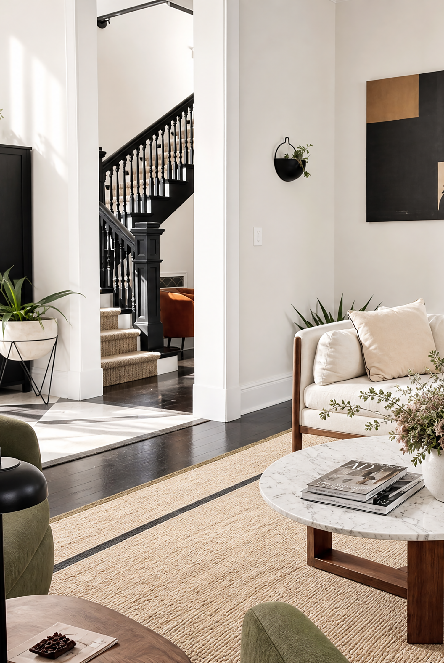 Modern living room with a DESIGN WITHIN REACH sofa and a JENS RISOM marble coffee table with INTERIOR AND PRODUCT DESIGN MAGAZINES, a NATE BERKUS rug, and AND DIAMOND CHECKBOARD TILE. An open staircase with black railing is visible in the background.
