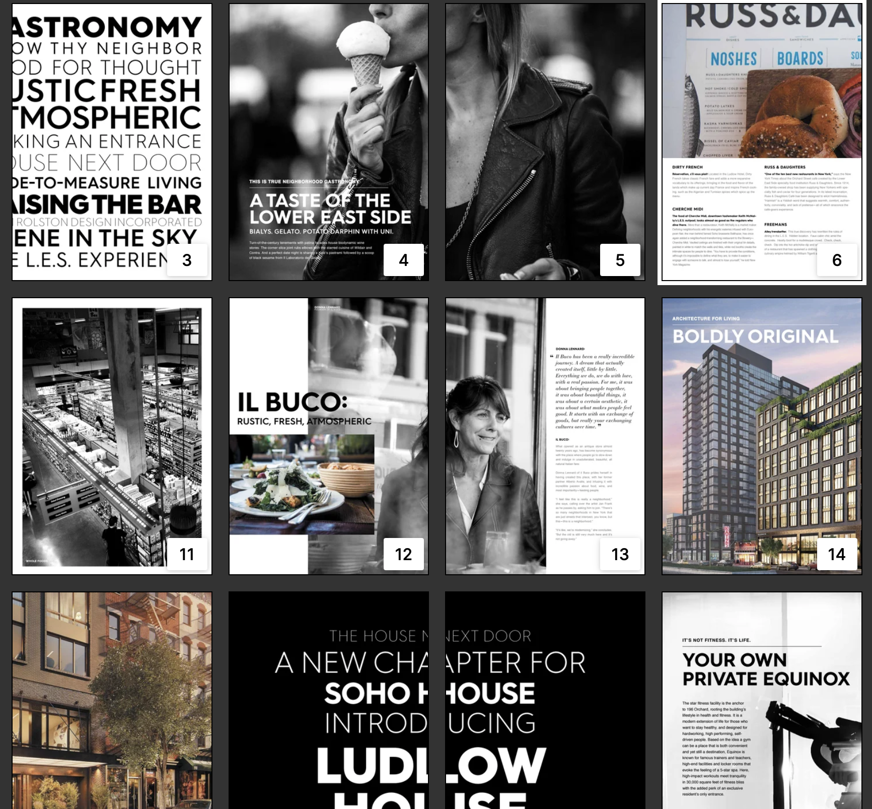 Collage of various magazine and brochure pages featuring urban architecture, food, and lifestyle content, with some images in black and white and others in color.