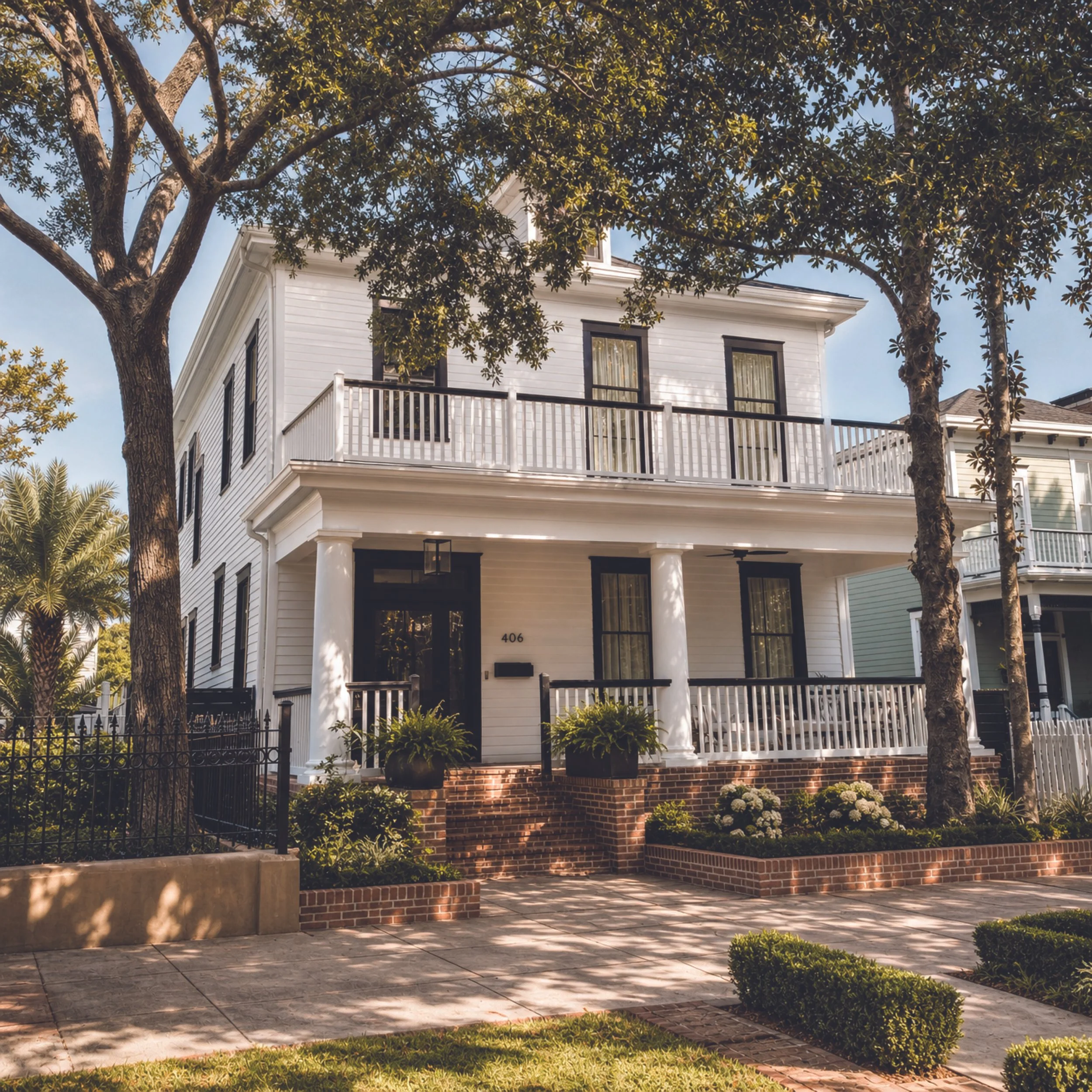 Fully Restored Colonial Home in Historic Downtown Savannah, using restrained color, elevated hardscaping and rich landscaping.