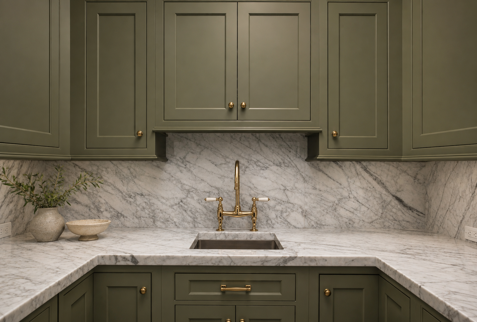 Kitchen with green cabinets, marble countertop and backsplash, a gold faucet, a plant in a beige vase, and a beige bowl.