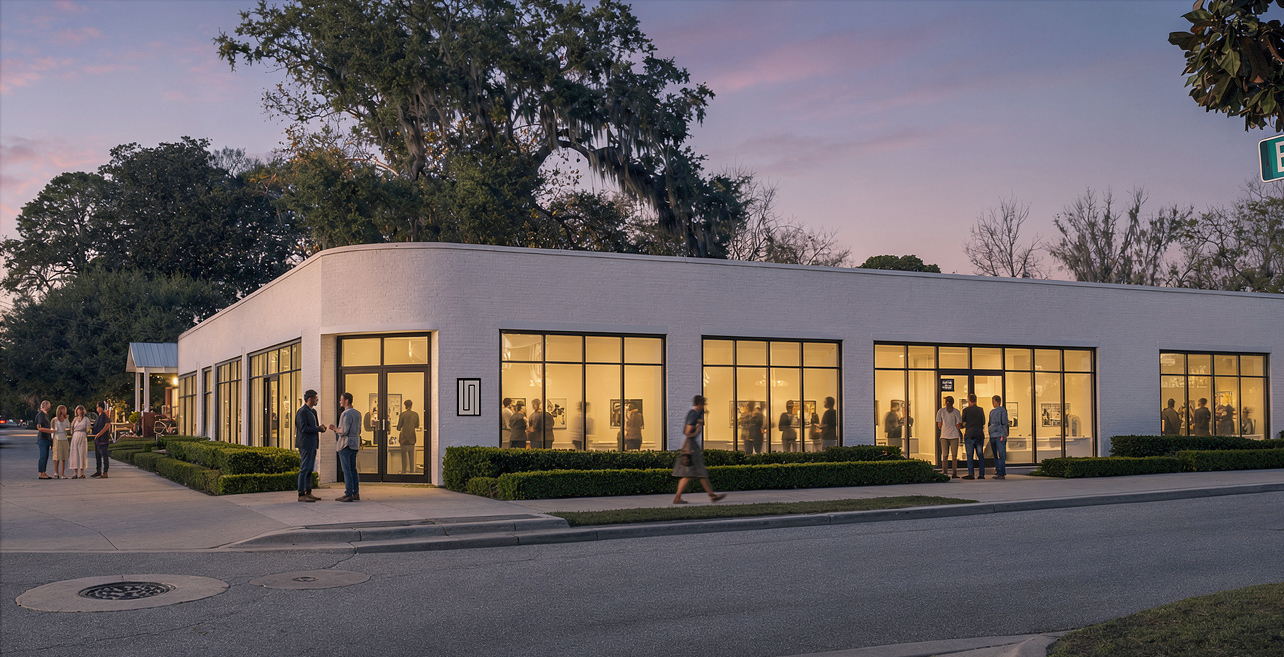 A sleek modern and warm Art Gallery on Bull Street in Savannah Georgia, taking inspiration from John Pawson, and Japanese minimalness.