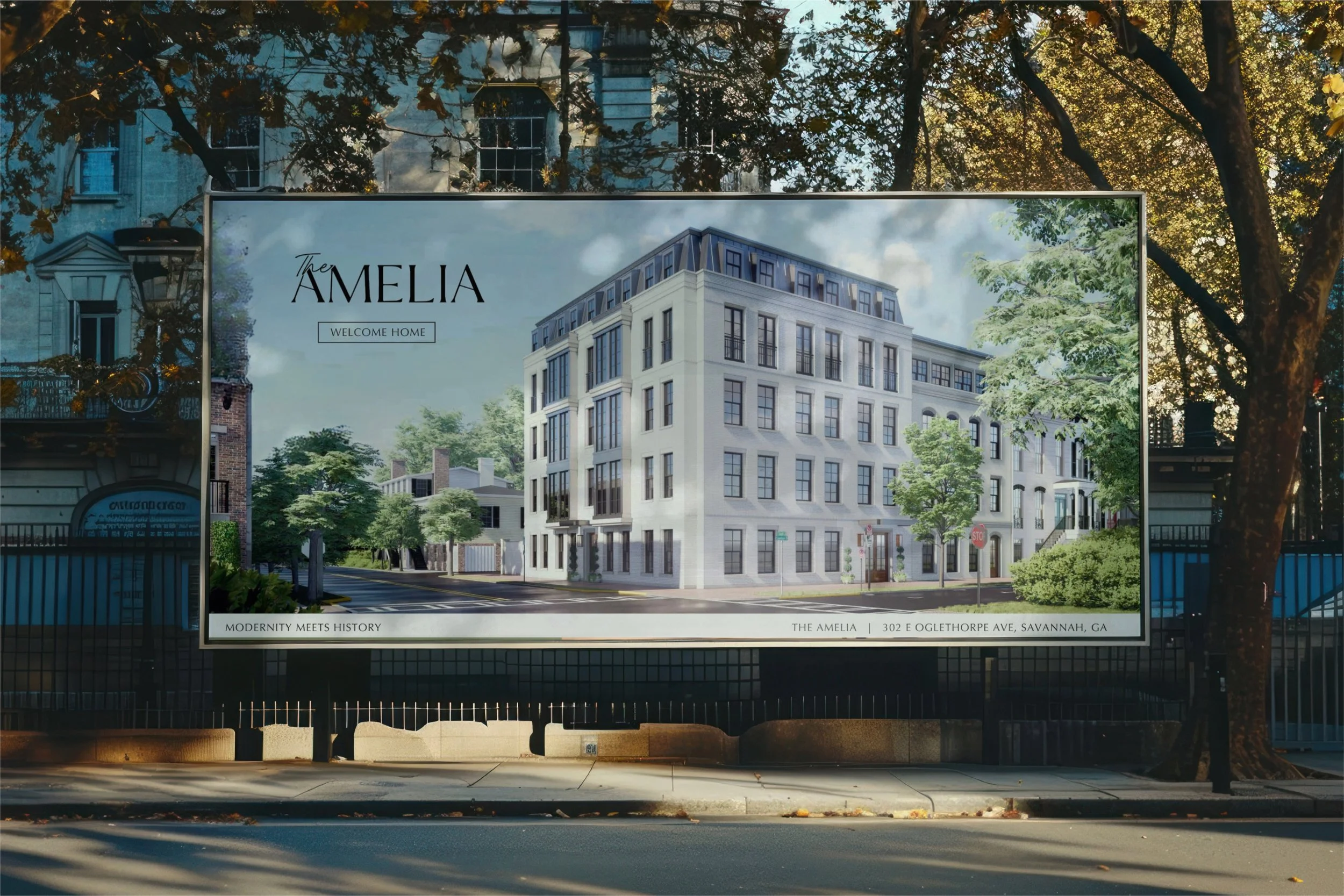 Billboard advertising a new modern apartment building called The Amelia located at 302 E Oglethorpe Ave, Savannah, GA. The billboard features an illustration of the apartment building with modern design, large windows, and surrounded by trees.