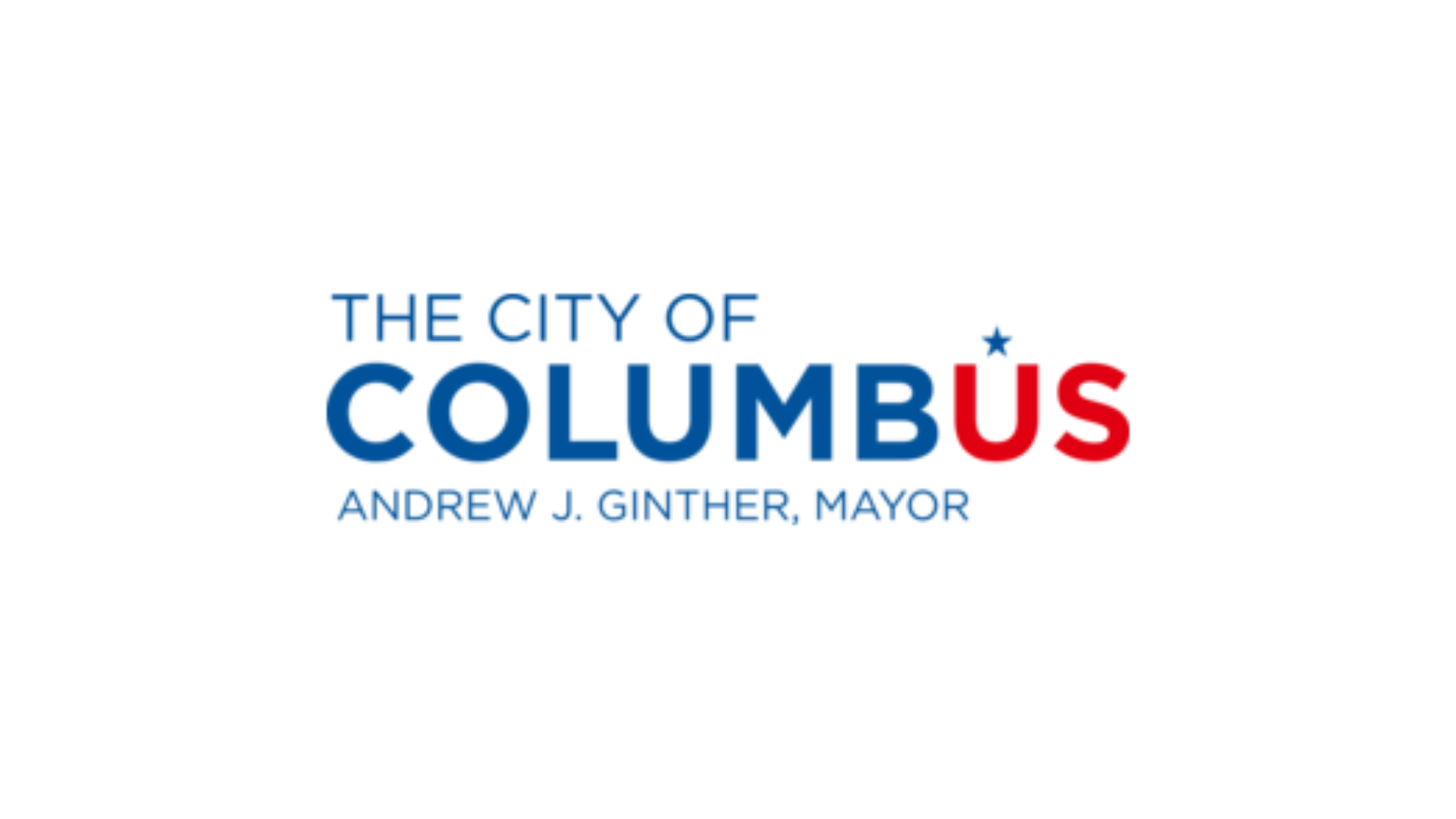 Logo of the city of Columbus, Ohio, featuring the text 'The City of Columbus' in blue and red, with 'Andrew J. Ginther, Mayor' in smaller blue text below.