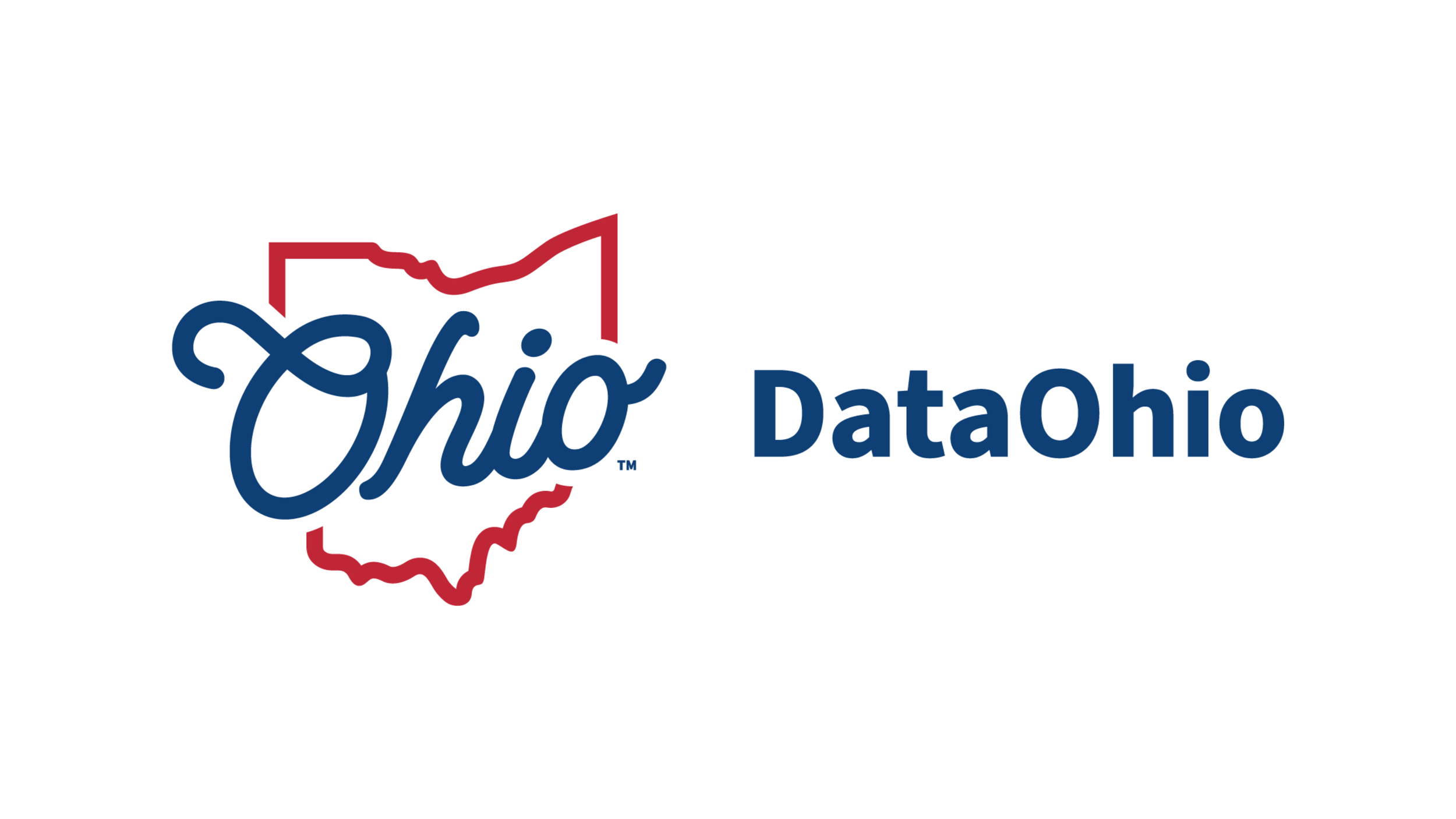 Ohio DataOhio logo featuring an outline of the state of Ohio in red with blue and white "Ohio" text overlaid on it, and "DataOhio" written to the right.