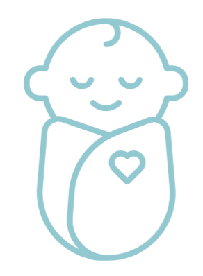 Line drawing of a smiling baby swaddled with a heart on its chest.