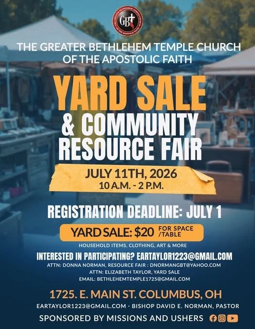 Greater Bethlehem Temple Yard Sale &amp; Community Resource Fair on Saturday