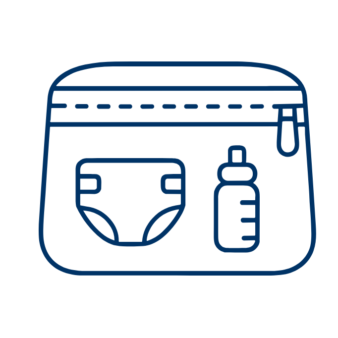 Outline of a small bag with a diaper, a bottle, and a zipper pocket.