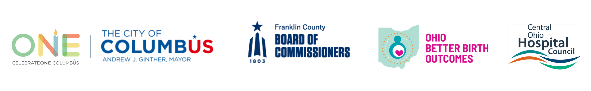 CelebrateOne Logo, The City of Columbus Logo, Franklin County Board of Commissioners Logo, Ohio Better Birth Outcomes Logo, Central Ohio Hospital Council
