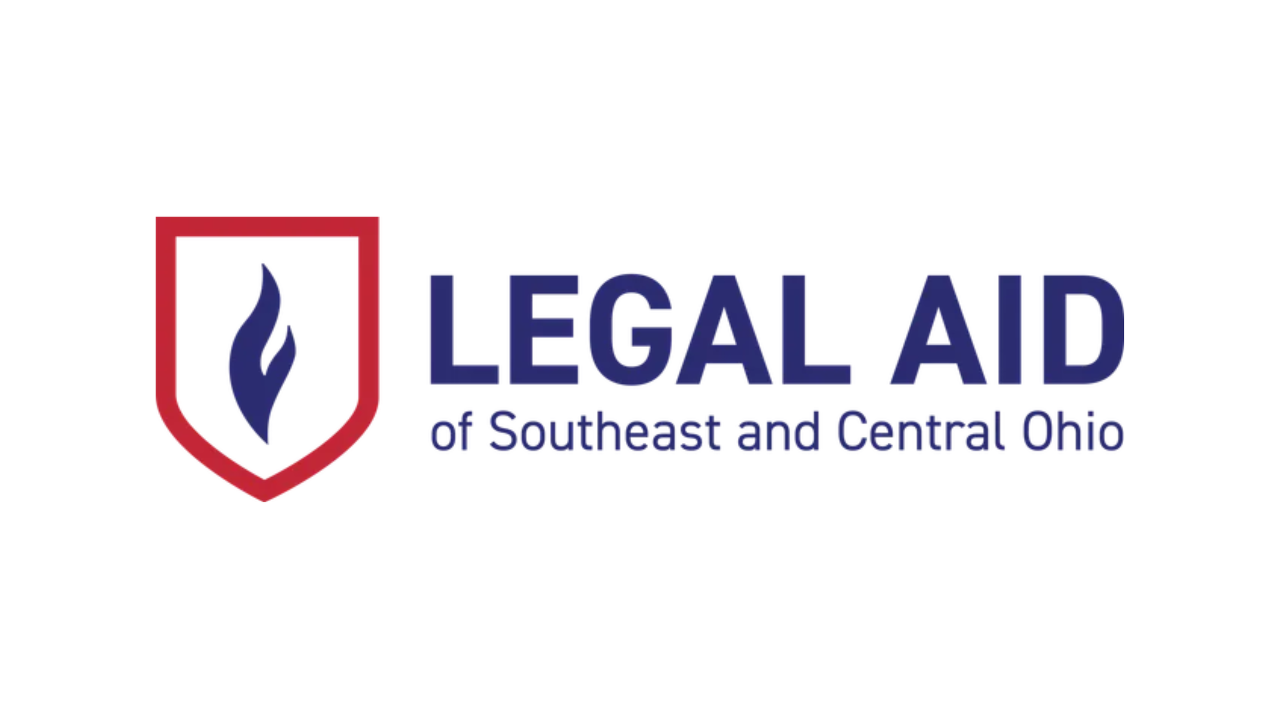 Logo of Legal Aid of Southeast and Central Ohio featuring a shield with a blue flame and the organization name in blue text.