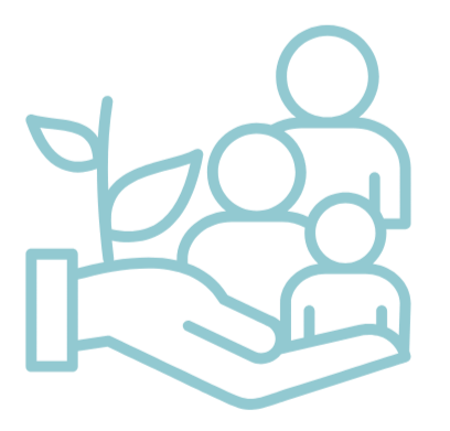 Outline of a hand holding a sprouting plant with three human figures in the background.