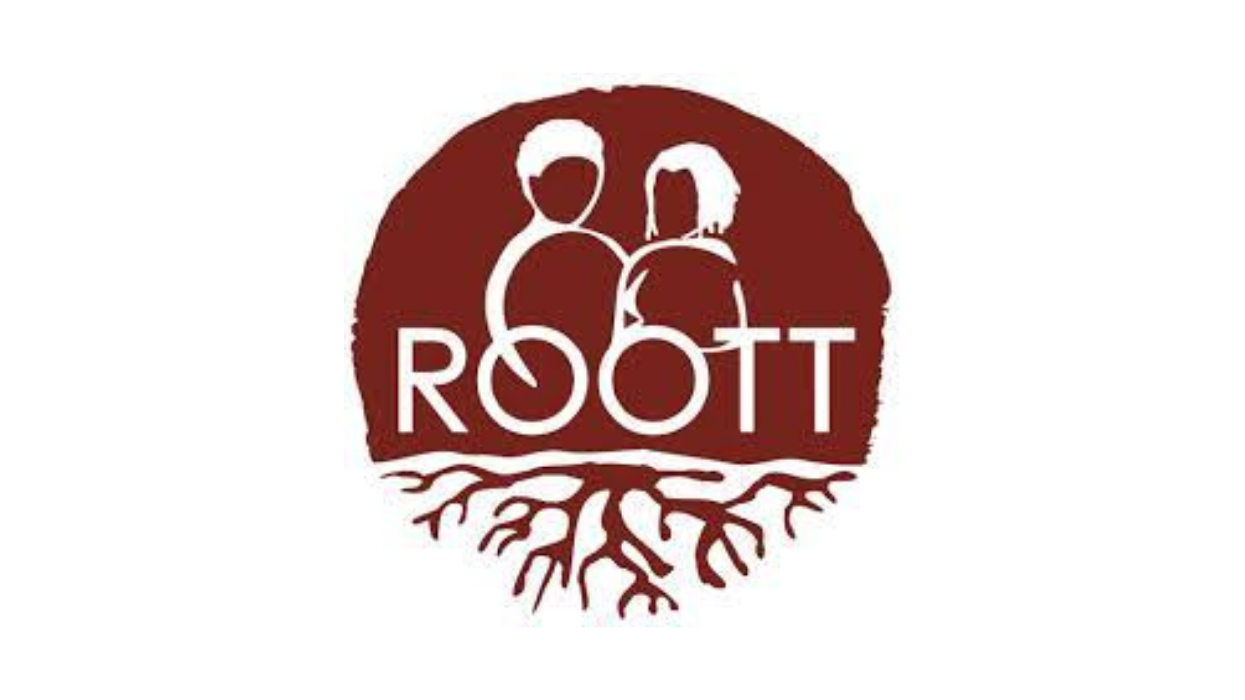Logo with the word 'ROOTT' in white text over a stylized red tree with roots extending below, and the outline of two human figures in white above the text.