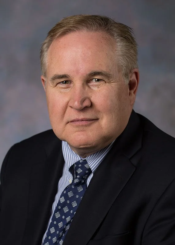 A middle-aged man with gray hair wearing a dark suit, light blue striped shirt, and patterned tie, posing against a blurred gray background.