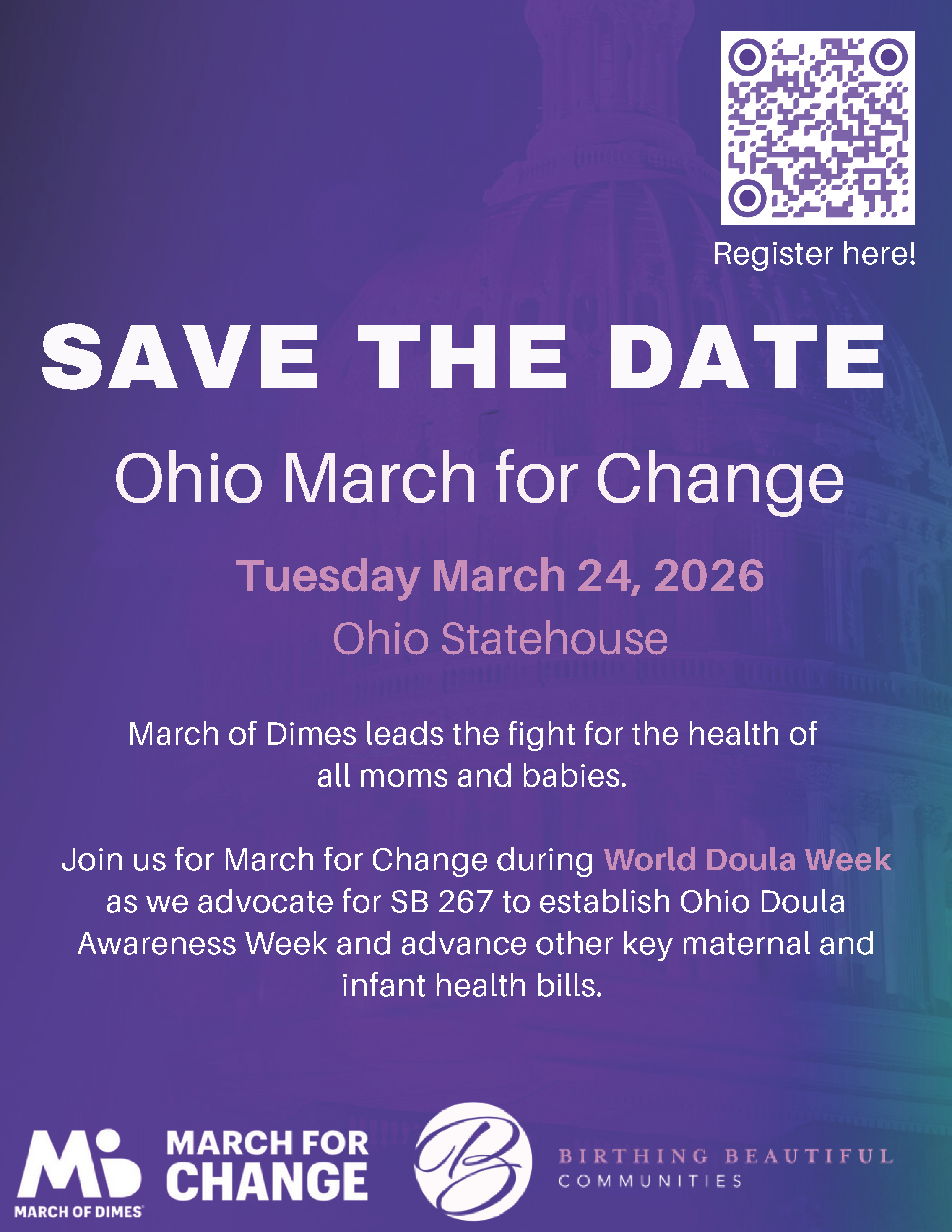 A colorful promotional poster with a QR code in the top right corner, announcing a 'Save the Date' for the Ohio March for Change event on March 24, 2026, at the Ohio Statehouse. The poster features details about advocating for maternal and infant health bills during World Doula Week, with logos at the bottom for the March for Dimes, March for Change, and Birthing Beautiful Communities.