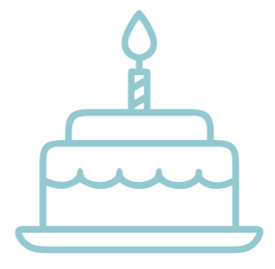 Simple line drawing of a birthday cake with one lit candle on top.