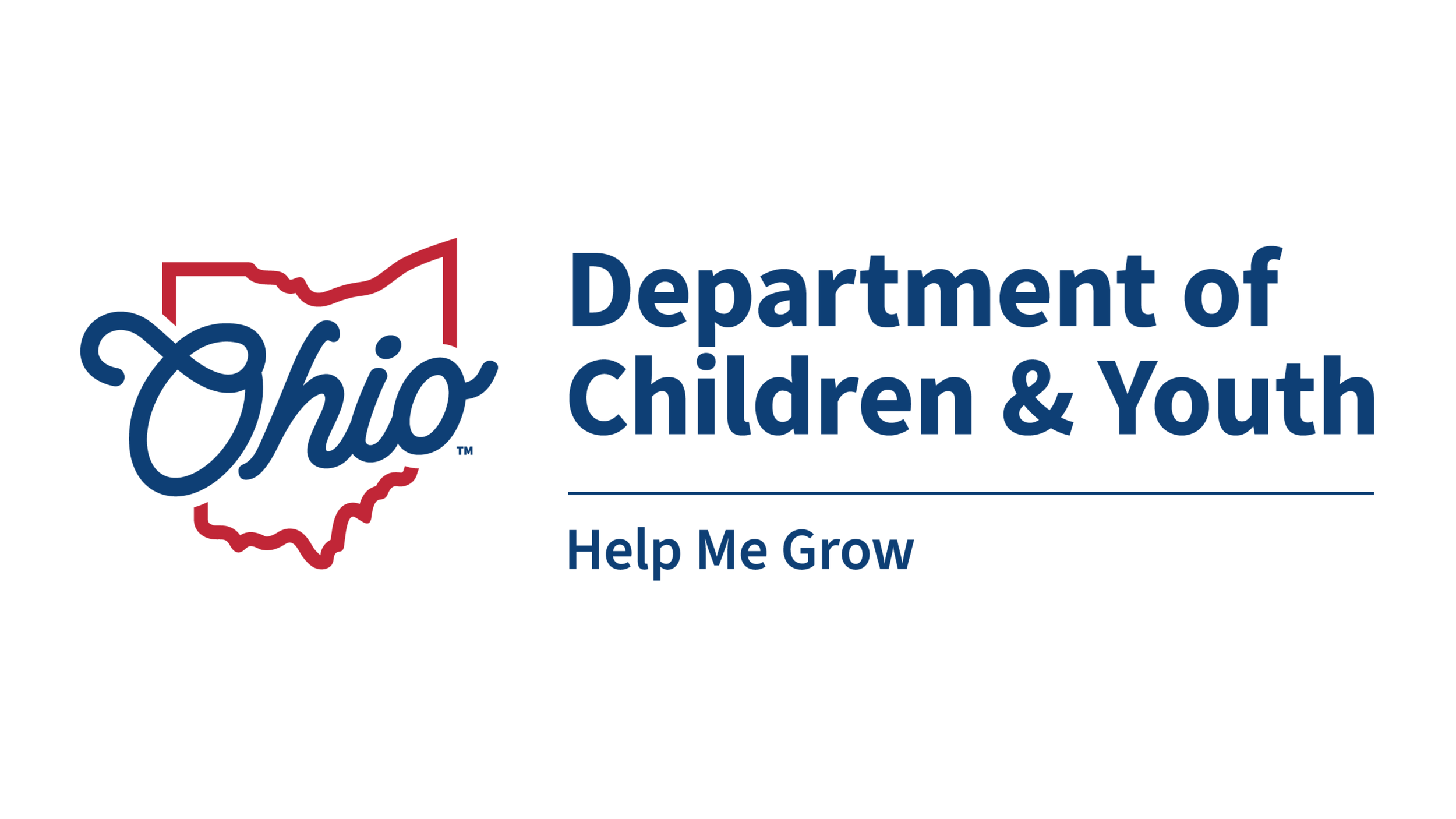 Ohio Department of Children and Youth logo featuring a red outline of Ohio and the word Ohio in blue, with text 'Department of Children & Youth' and 'Help Me Grow' in blue.