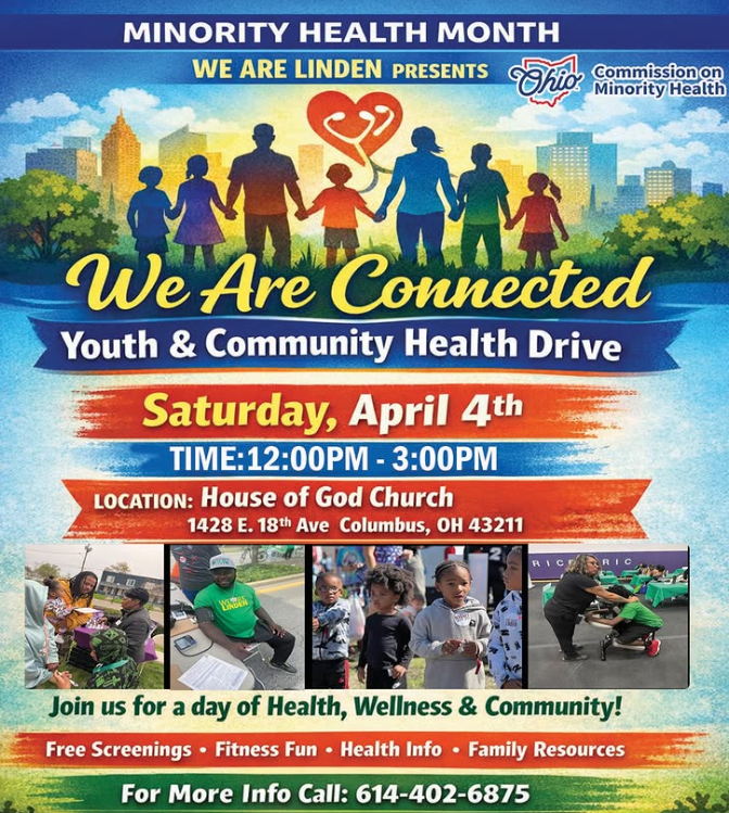 A flyer advertising the We Are Linden Youth and Community Health Drive on April 4th 2026 from noon to 3 pm at House of God Church