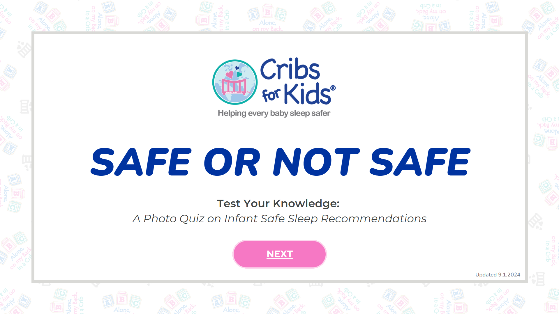 Screenshot of a Cribs for Kids Safe or Not Safe quiz home page.