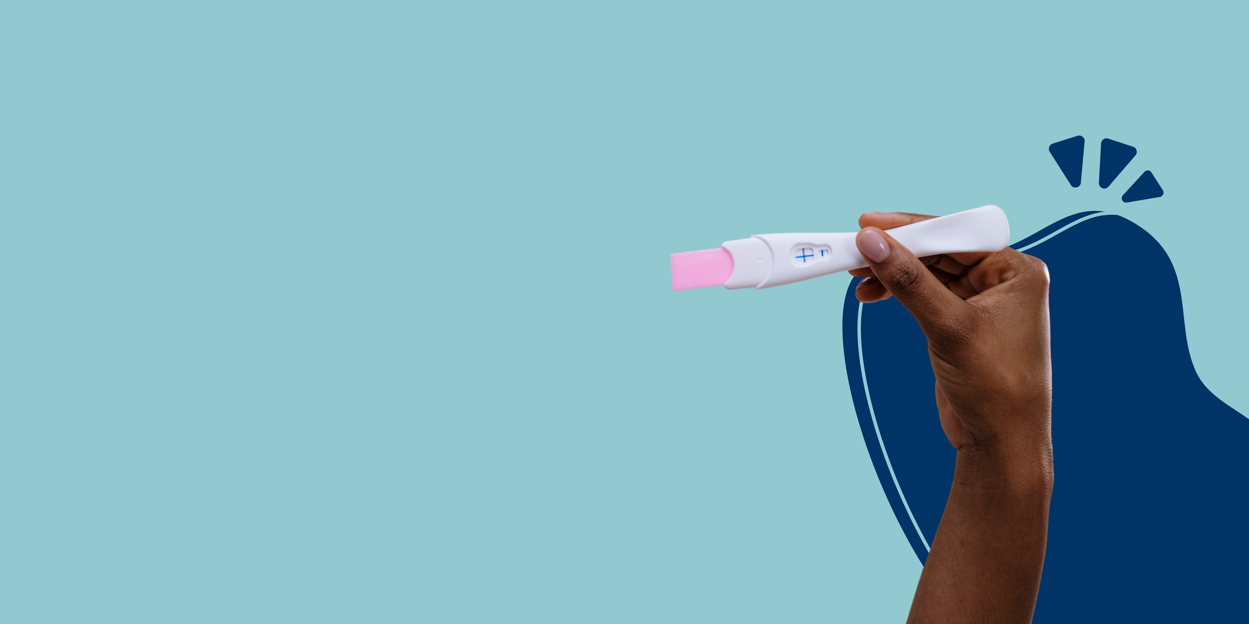 A hand holding a white pregnancy test with a pink tip, against a light blue background with a dark blue wave pattern and stylized lines.