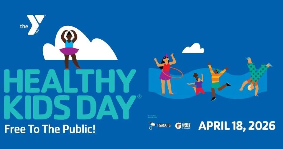 A graphic with illustrations of children playing. Text saying "Healthy Kids Day! Free to the public! April 18th, 2026